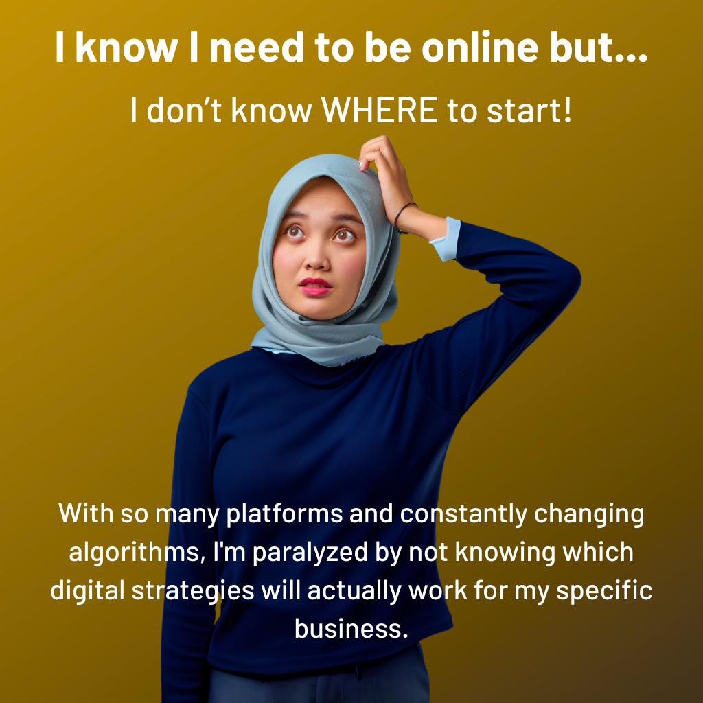 Confused woman with text: "I've tried marketing before but..." "I'm not seeing RESULTS" "I've invested in marketing before, but couldn't connect those efforts to actual new customers or sales—it felt like sending money into a void."